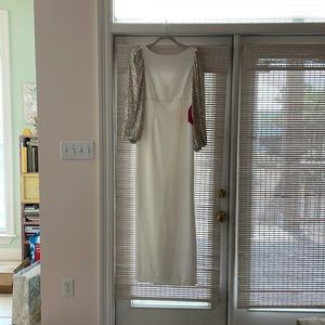 NWT Eliza J cream gold sequin sleeve slit dress  wedding gala gorgeous sz 4